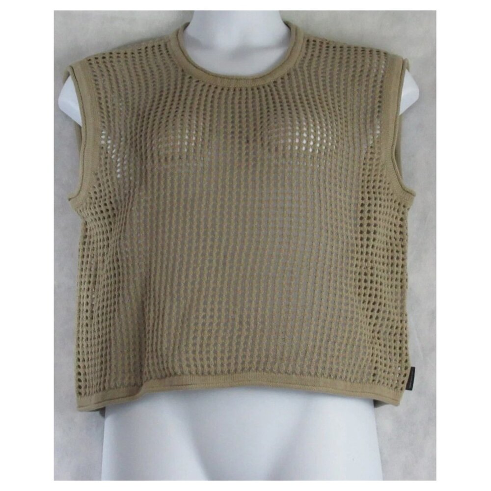 Calvin Klein Jeans Women's Petite Open-Stitch Sleeveless Sweater, Khaki, PXL